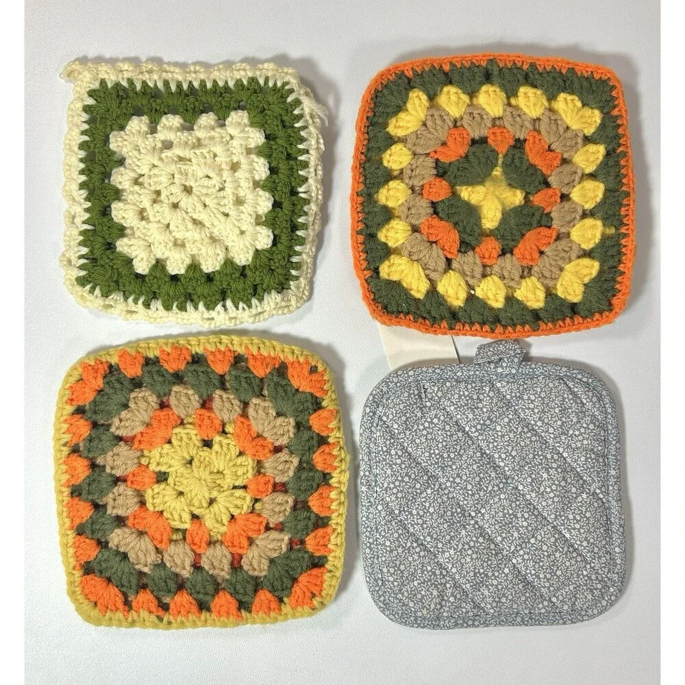 Pot Holders Crochet, Quilted Duck Granny Core Lot of 4 Some Handmade
